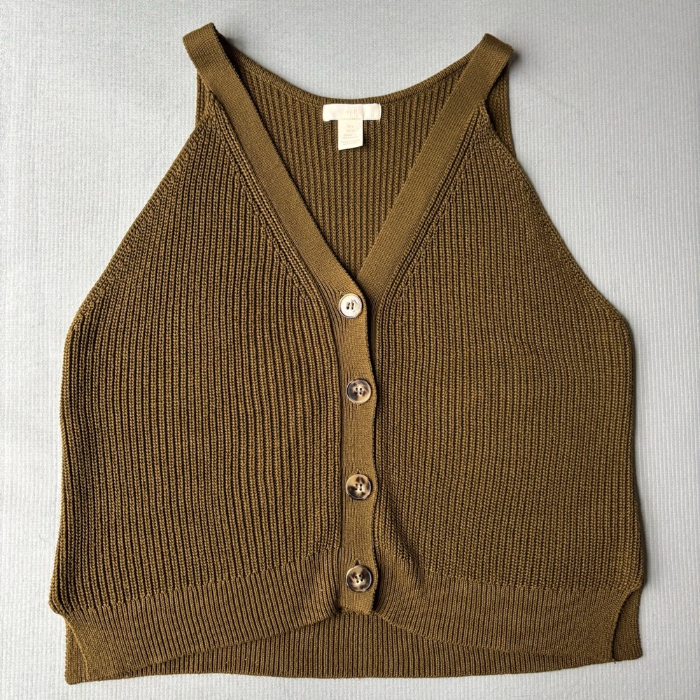 H&M Olive Green Button Up Knit V Neck Sweater Vest L 0738093 9